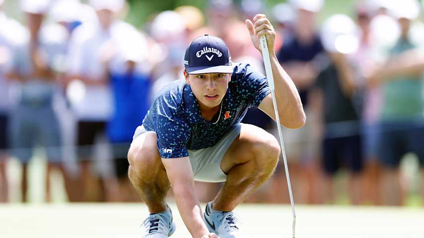 Jackson Buchanan of the United States lines up a putt on the second hole during the Semifinals of the U.S. Amateur Championship at Hazeltine National Golf Club on August 17, 2024 in Chaska, Minnesota. (David Berding/Getty Images)