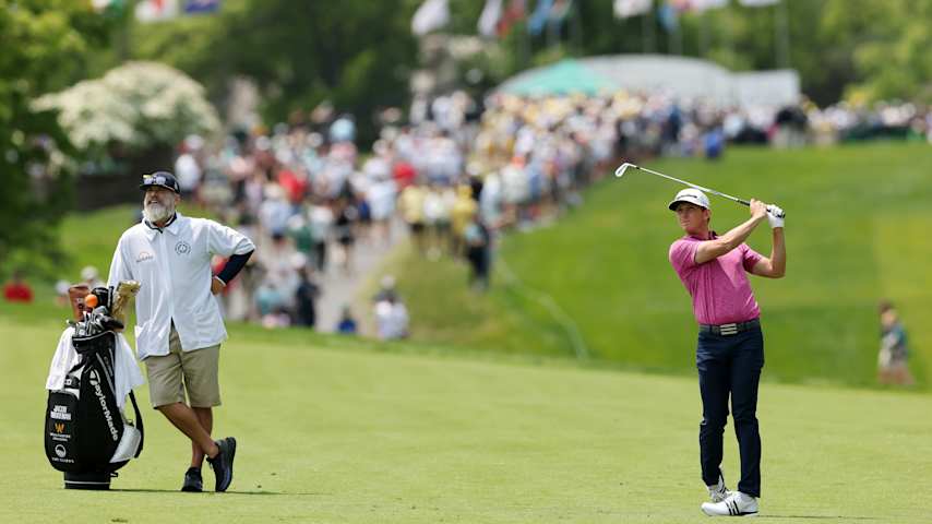 Jacob Bridgeman of the United States plays a shot on the first hole during the final round of the Memorial Tournament presented by Workday 2025 at Muirfield Village Golf Club on June 01, 2025 in Dublin, Ohio. (Andy Lyons/Getty Images)