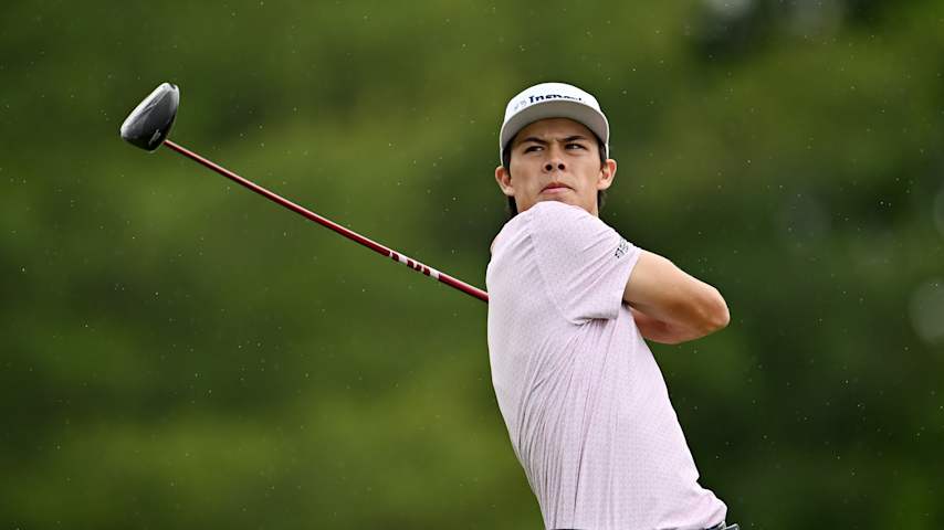 Johnny Keefer of the United States plays a shot from the ninth tee during the first round of the RBC Canadian Open 2025 at TPC Toronto at Osprey Valley on June 05, 2025 in Caledon, Ontario. (Minas Panagiotakis/Getty Images)