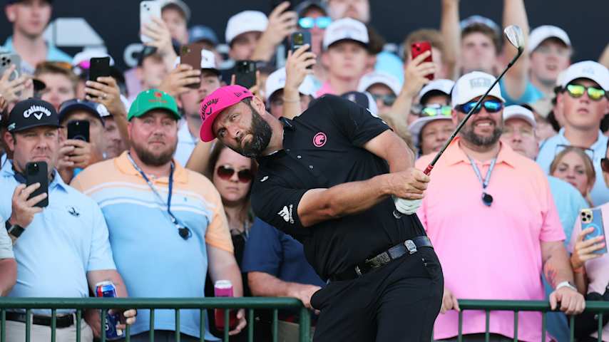 Jon Rahm of Spain chips onto the 18th green during the final round of the PGA Championship at Quail Hollow Country Club on May 18, 2025 in Charlotte, North Carolina. (Alex Slitz/Getty Images)