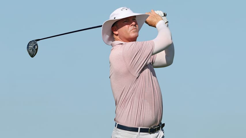 Justin Hicks of the United States plays his shot from the first tee during the first round of the Corales Puntacana Championship 2025 at Puntacana Resort & Club, Corales Golf Course on April 17, 2025 in Punta Cana, Dominican Republic. (Andy Lyons/Getty Images)