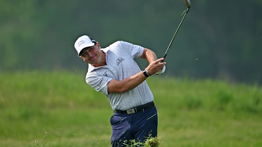 Justin Lower of the United States plays a shot on the eighth hole during the second round of the RBC Canadian Open 2025 at TPC Toronto at Osprey Valley on June 06, 2025 in Caledon, Ontario. (Minas Panagiotakis/Getty Images)