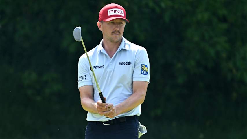 Mackenzie Hughes of Canada lines up a putt on the tenth green during the final round of the RBC Canadian Open 2025 at TPC Toronto at Osprey Valley on June 08, 2025 in Caledon, Ontario. (Minas Panagiotakis/Getty Images)