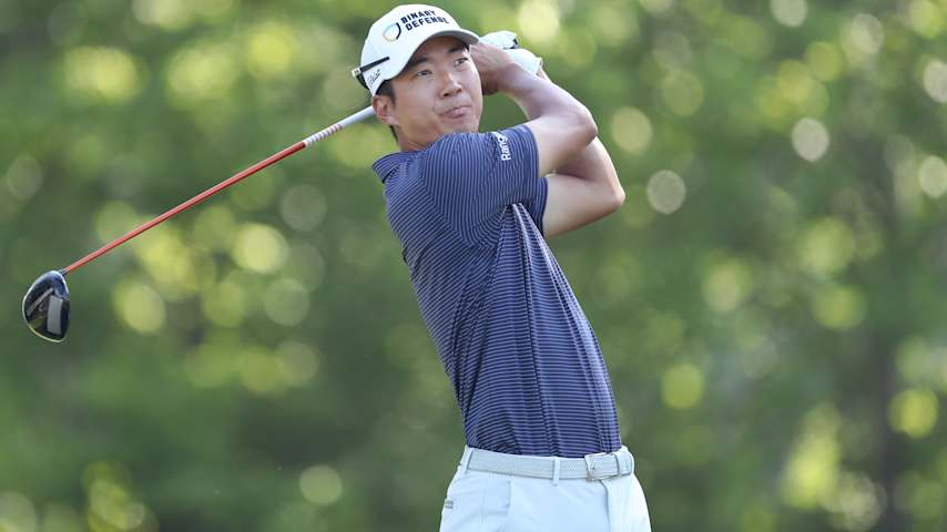 Michael Kim of the United States plays his shot from the sixth tee during the second round of the Charles Schwab Challenge 2025 at Colonial Country Club on May 23, 2025 in Fort Worth, Texas. (Raj Mehta/Getty Images)