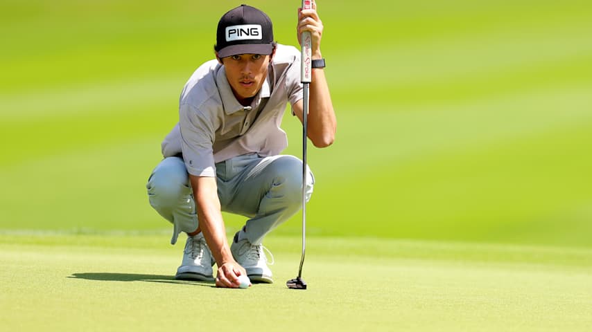Riley Lewis of the United States lines up a putt on the 16th green during the third round of the Mexico Open at VidantaWorld 2025 at Vidanta Vallarta on February 22, 2025 in Puerto Vallarta, Mexico. (Hector Vivas/Getty Images)