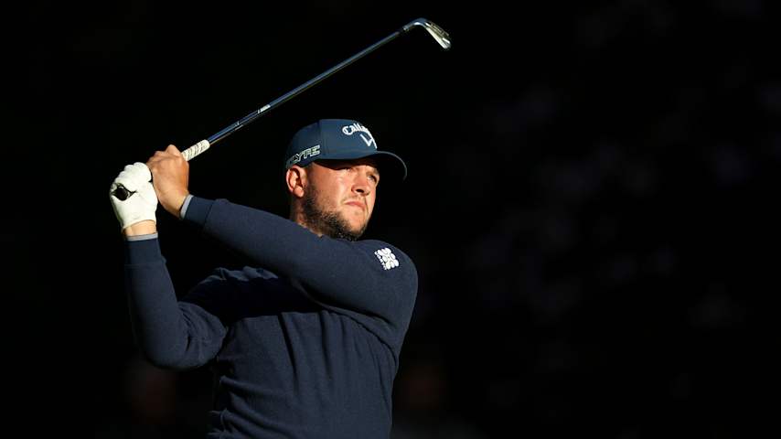 Sam Bairstow of England looks on following his second shot on the 10th hole on day two of the Soudal Open 2025 at Rinkven International GC on May 23, 2025 in Antwerp, Belgium. (Luke Walker/Getty Images)