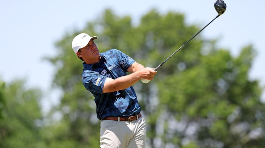Zach Bauchou of the United States plays his shot on the fourth hole during the second round of the AdventHealth Championship 2025 at Blue Hills Country Club on May 16, 2025 in Kansas City, Missouri. (David Berding/Getty Images)