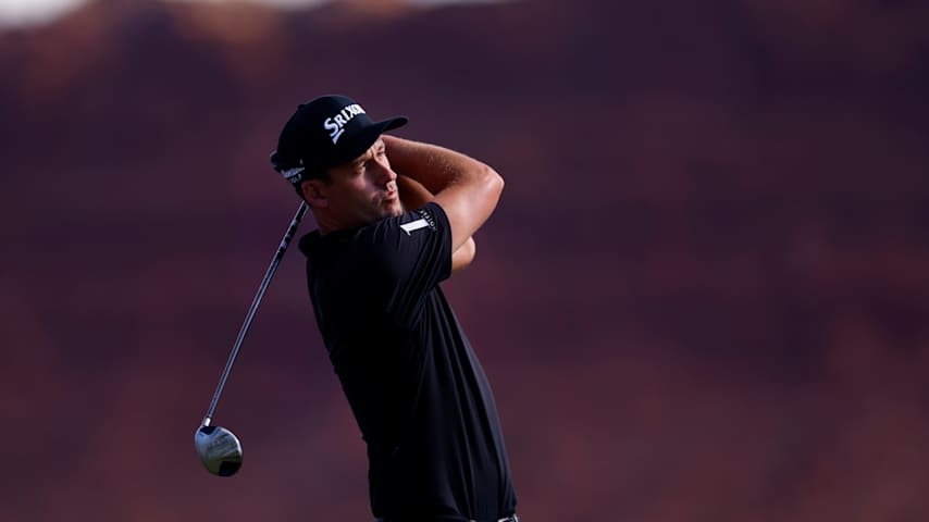 Andrew Putnam of the United States plays his shot from the fourth tee during the first round of the Bank of Utah Championship 2025 at Black Desert Resort on October 23, 2025 in St George, Utah. (Justin Edmonds/Getty Images)