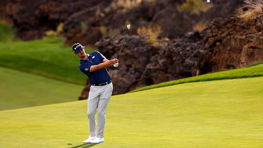 Beau Hossler of the United States plays a shot on the seventh hole during the first round of the Bank of Utah Championship 2025 at Black Desert Resort on October 23, 2025 in St George, Utah. (Justin Edmonds/Getty Images)