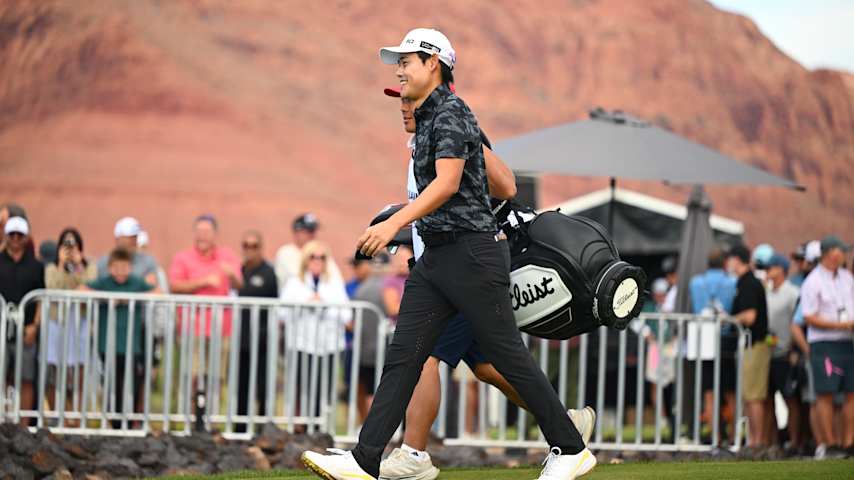 Kaito Onishi of Japan smiles after the crowd cheers on the first tee after hitting four provisional shots for a total of five tee balls during the third round of Bank of Utah Championship at Black Desert Resort on October 25, 2025 in Ivans, Utah. (Tracy Wilcox/PGA TOUR via Getty Images)