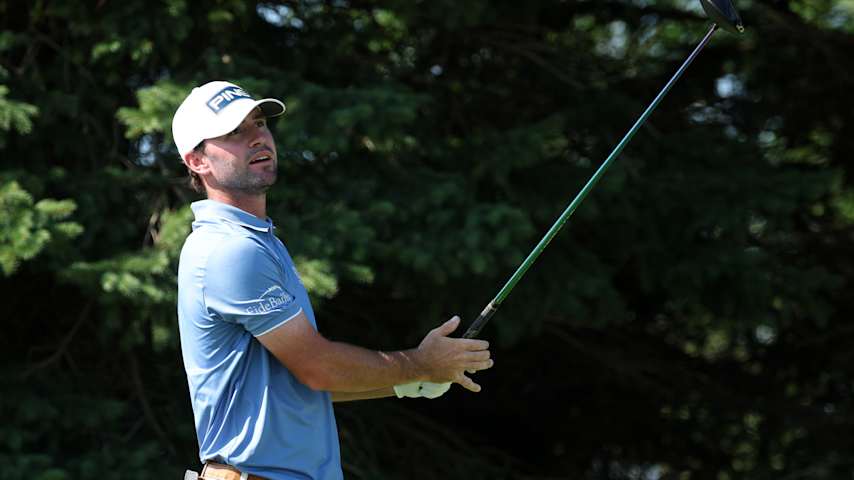 Austin Eckroat of the United States plays his shot from the second tee during the third round of the 3M Open 2025 at TPC Twin Cities on July 26, 2025 in Blaine, Minnesota. (David Berding/Getty Images)