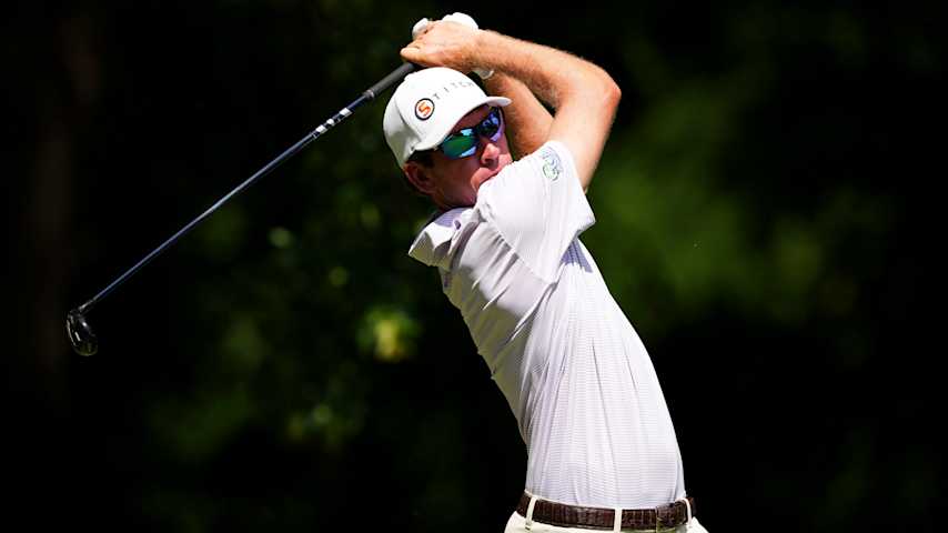 Ben Kohles hits a tee shot on the fifth hole during the first round of the ISCO Championship 2025 at Hurstbourne Country Club on July 10, 2025 in Louisville, Kentucky. (Dylan Buell/Getty Images)