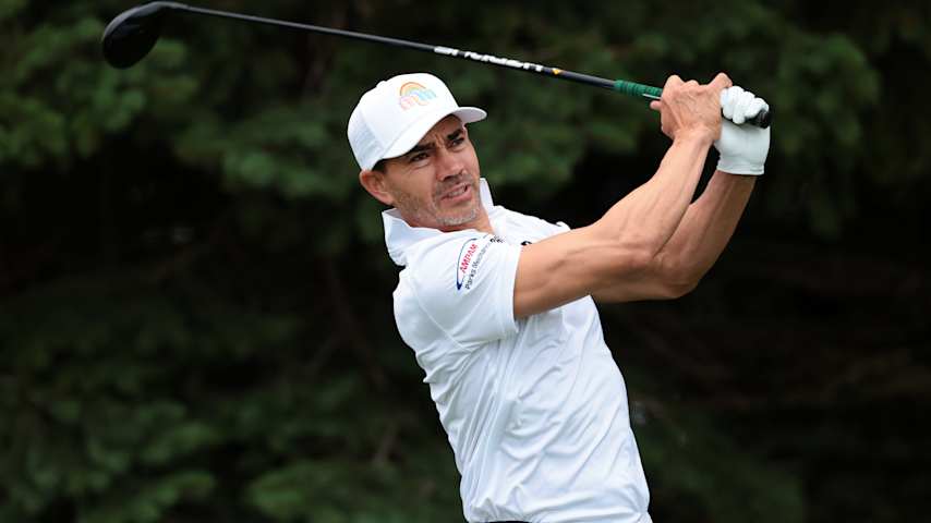 Camilo Villegas of Colombia plays his shot from the second tee during the first round of the 3M Open 2025 at TPC Twin Cities on July 24, 2025 in Blaine, Minnesota. (Andrew Wevers/Getty Images)