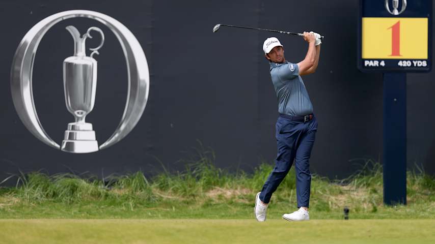 Davis Riley of the United States tees off on the first hole during day two of The 153rd Open Championship at Royal Portrush Golf Club on July 18, 2025 in Portrush, Northern Ireland. (Andrew Redington/Getty Images)