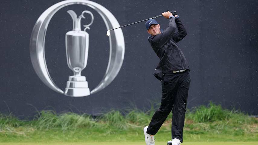 Davis Thompson of the United States tees off on the first hole during day one of The 153rd Open Championship at Royal Portrush Golf Club on July 17, 2025 in Portrush, Northern Ireland. (Warren Little/Getty Images)