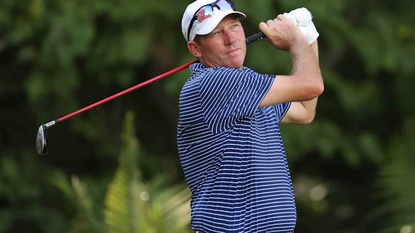 Jim Herman of the United States plays his shot from the second tee during the first round of the Wyndham Championship at Sedgefield Country Club on August 09, 2024 in Greensboro, North Carolina. (Isaiah Vazquez/Getty Images)