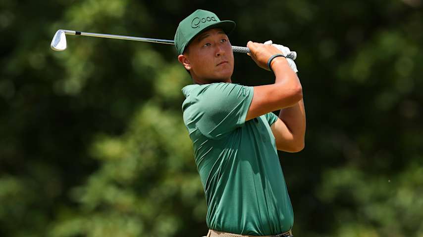 John Pak hits a tee shot on the 13th hole during the first round of the ISCO Championship 2025 at Hurstbourne Country Club on July 10, 2025 in Louisville, Kentucky. (Andy Lyons/Getty Images)