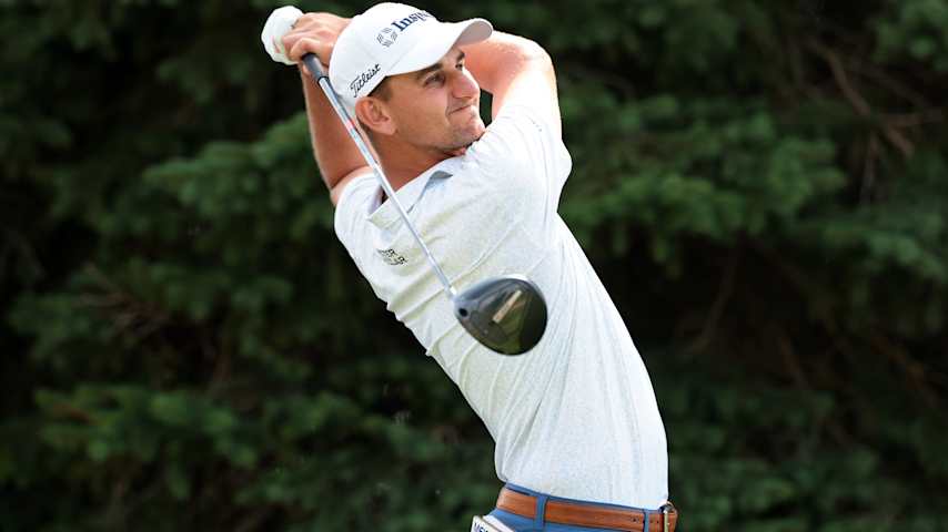 Mac Meissner of the United States plays his shot from the second tee during the second round of the 3M Open 2025 at TPC Twin Cities on July 25, 2025 in Blaine, Minnesota. (Andrew Wevers/Getty Images)
