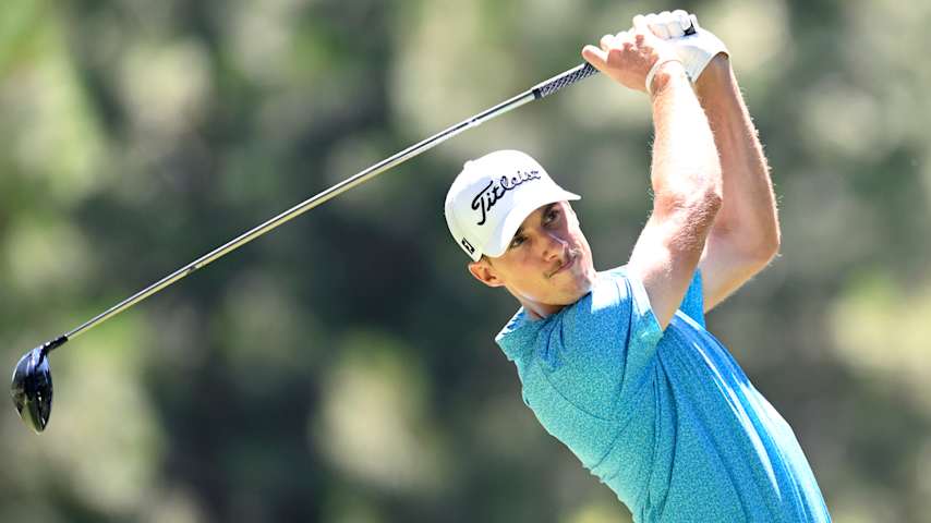 Matthew Riedel of the United States plays his shot from the 11th tee during the first round of the Barracuda Championship 2025 at Tahoe Mountain Club on July 17, 2025 in Truckee, California. (Eakin Howard/Getty Images)