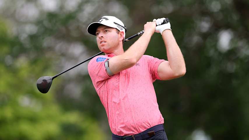 Max Greyserman of the United States plays his shot from the tenth tee during the first round of the 3M Open 2025 at TPC Twin Cities on July 24, 2025 in Blaine, Minnesota. (David Berding/Getty Images)