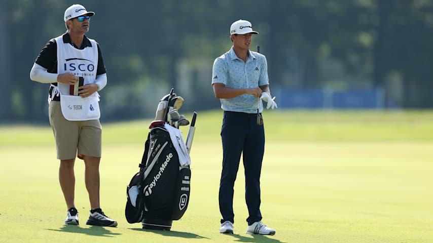 Michael Thorbjornsen talks with his caddie before hitting an approach shot on the 15th hole during the second round of the ISCO Championship 2025 at Hurstbourne Country Club on July 11, 2025 in Louisville, Kentucky. (Andy Lyons/Getty Images)