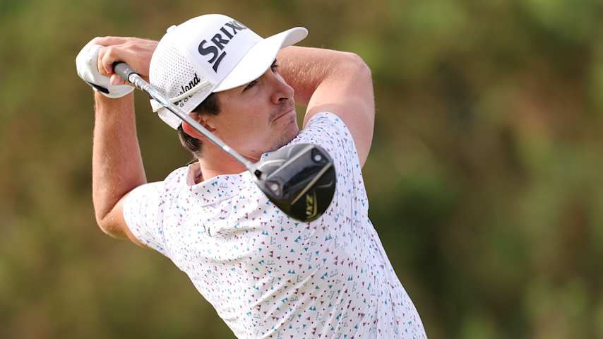Nico Echavarria of Colombia tees off on the second hole on day one of the Genesis Scottish Open 2025 at The Renaissance Club on July 10, 2025 in North Berwick, Scotland. (Andrew Redington/Getty Images)