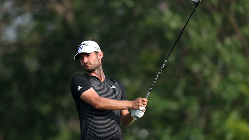 Noah Goodwin of the United States plays his shot from the tenth tee during the second round of the 3M Open 2025 at TPC Twin Cities on July 25, 2025 in Blaine, Minnesota. (David Berding/Getty Images)