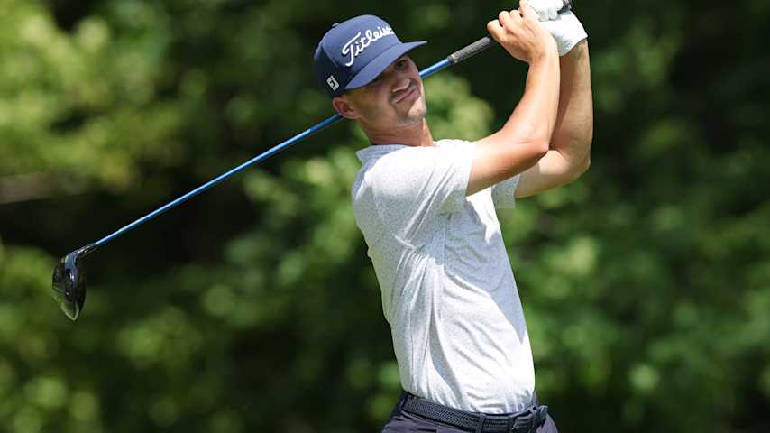 Philip Knowles of the United States plays his shot from the second tee during the first round of the John Deere Classic 2025 at TPC Deere Run on July 03, 2025 in Silvis, Illinois. (Andy Lyons/Getty Images)