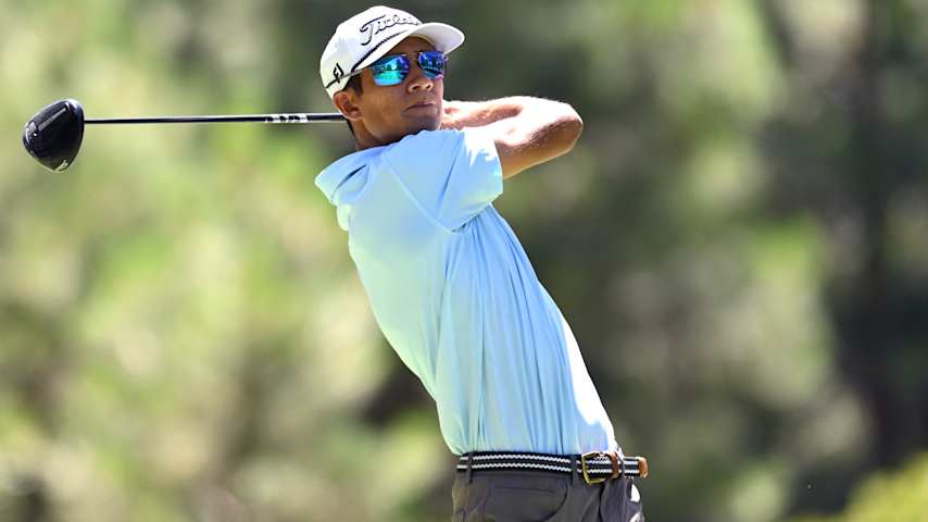 Ricky Castillo of the United States plays his shot from the 11th tee during the first round of the Barracuda Championship 2025 at Tahoe Mountain Club on July 17, 2025 in Truckee, California. (Eakin Howard/Getty Images)