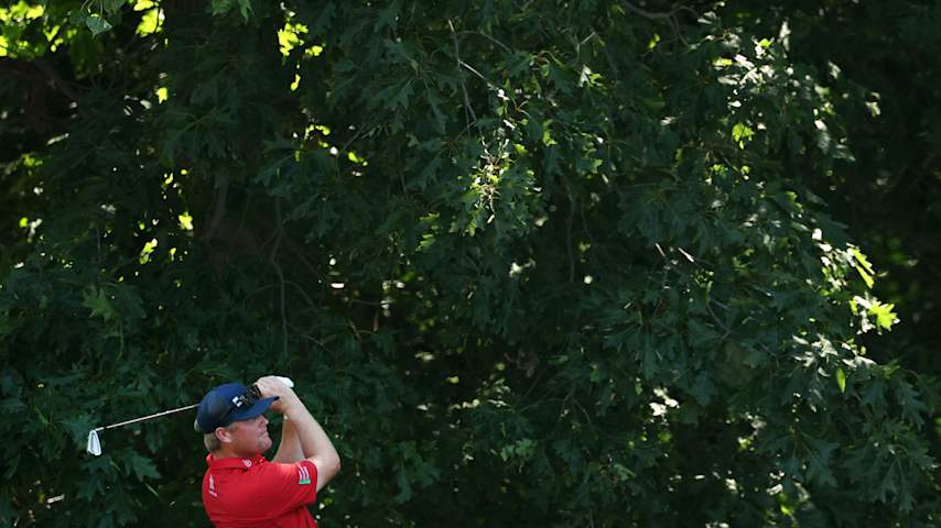 Trey Mullinax of the United States plays a shot on the 15th hole during the first round of the John Deere Classic 2025 at TPC Deere Run on July 03, 2025 in Silvis, Illinois. (David Berding/Getty Images)