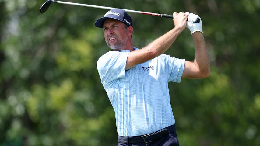 Webb Simpson of the United States plays his shot from the tenth tee during the first round of the 3M Open 2025 at TPC Twin Cities on July 24, 2025 in Blaine, Minnesota. (David Berding/Getty Images)