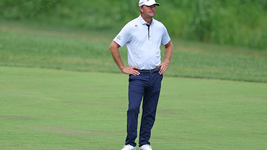 Lucas Glover of the United States waits to play a shot on the second hole during the second round of the BMW Championship 2025 at Caves Valley Golf Club on August 15, 2025 in Owings Mills, Maryland. (Kevin C. Cox/Getty Images)