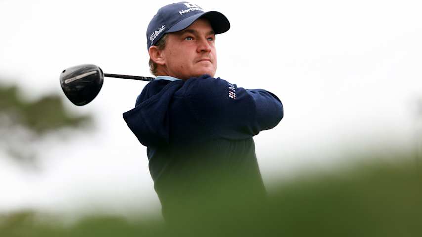 Bud Cauley of the United States plays his shot from the second tee during the third round of the AT&T Pebble Beach Pro-Am 2026 at Pebble Beach Golf Links on February 14, 2026 in Pebble Beach, California. (Jed Jacobsohn/Getty Images)