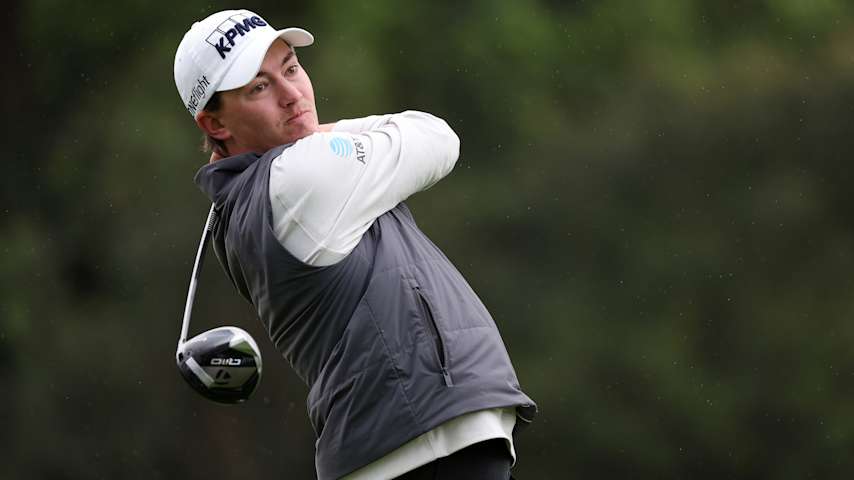 Maverick McNealy of the United States plays his shot from the second tee during the first round of The Genesis Invitational 2026 at Riviera Country Club on February 19, 2026 in Pacific Palisades, California. (Mike Mulholland/Getty Images)