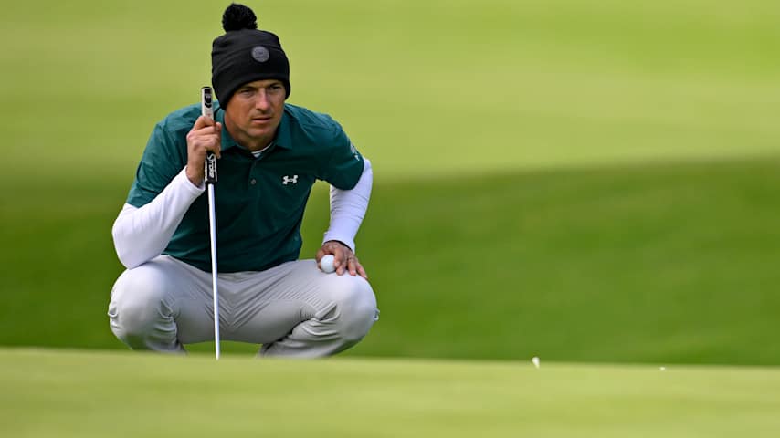 Jordan Spieth of the United States lines up a putt on the seventh green during the second round of The Genesis Invitational 2026 at Riviera Country Club on February 20, 2026 in Pacific Palisades, California. (Orlando Ramirez/Getty Images)