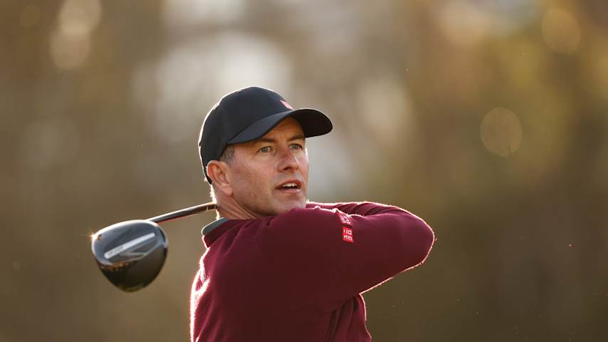 Adam Scott of Australia plays his shot from the 17th tee during the second round of The Genesis Invitational 2026 at Riviera Country Club on February 20, 2026 in Pacific Palisades, California. (Mike Mulholland/Getty Images)