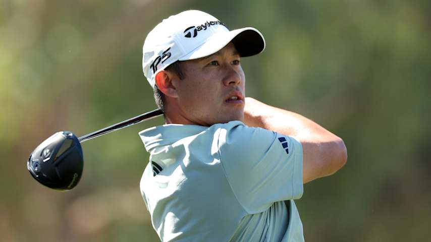 Collin Morikawa of the United States plays his shot from the ninth tee during the third round of The Genesis Invitational 2026 at Riviera Country Club on February 21, 2026 in Pacific Palisades, California. (Mike Mulholland/Getty Images)