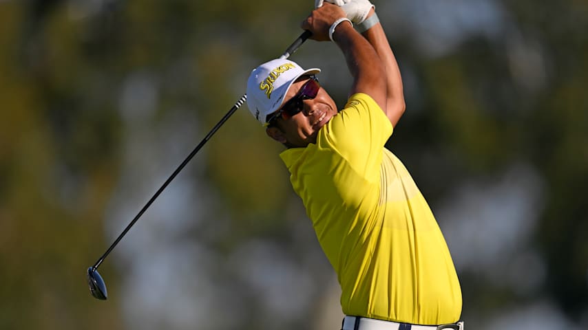 Hideki Matsuyama of Japan plays his shot from the first tee during the final round of the Farmers Insurance Open 2026 at Torrey Pines South Course on February 01, 2026 in La Jolla, California. (Orlando Ramirez/Getty Images)