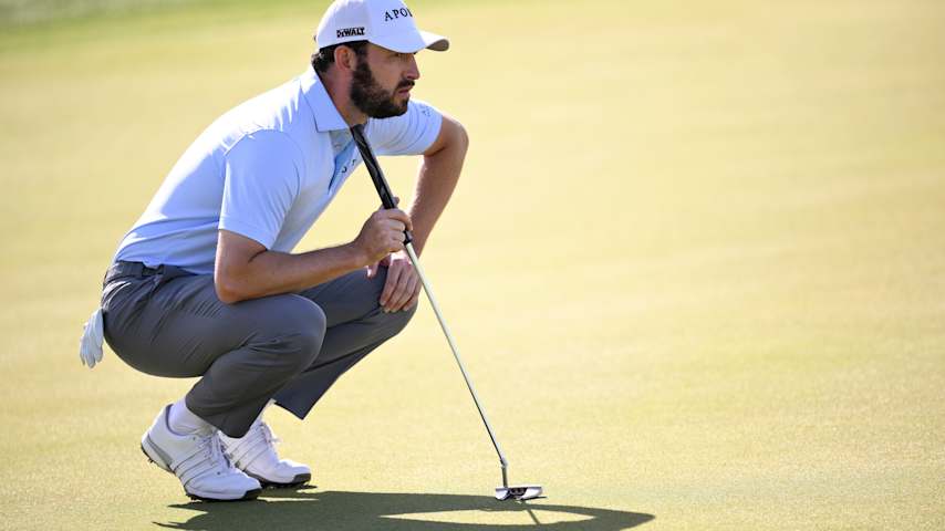 Patrick Cantlay of the United States lines up a putt on the first green during the final round of The American Express 2026 at Pete Dye Stadium Course on January 25, 2026 in La Quinta, California. (Orlando Ramirez/Getty Images)
