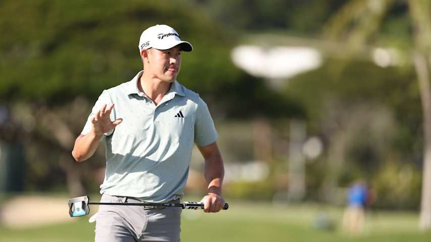 Collin Morikawa of the United States reacts to his birdie putt on the 13th green during the second round of the Sony Open in Hawaii 2026 at Waialae Country Club on January 16, 2026 in Honolulu, Hawaii. (Mike Mulholland/Getty Images)