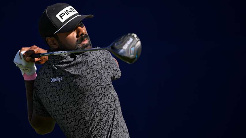 Sahith Theegala of the United States plays his shot from the seventh tee during the third round of the Farmers Insurance Open 2026 at Torrey Pines South Course on January 31, 2026 in La Jolla, California. (Orlando Ramirez/Getty Images)
