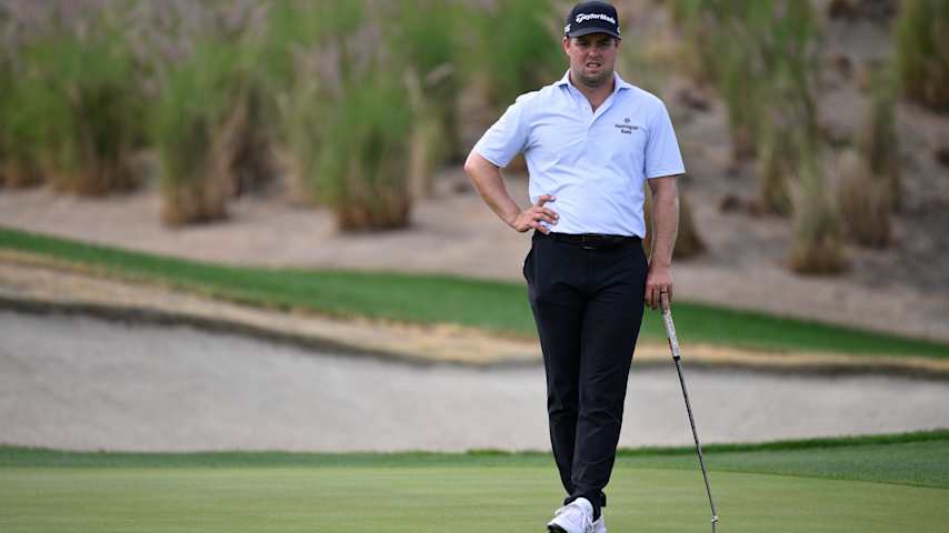 Pierceson Coody of the United States lines up a putt on the 17th green during the first round of The American Express 2026 at the Nicklaus Tournament Course on January 22, 2026 in La Quinta, California. (Orlando Ramirez/Getty Images)