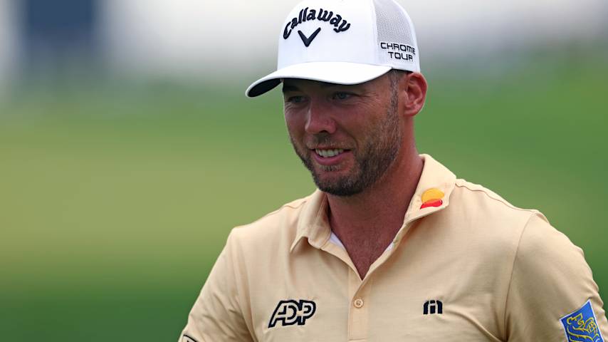 Sam Burns of the United States reacts after making birdie on the fourth green during the second round of the 125th U.S. OPEN at Oakmont Country Club on June 13, 2025 in Oakmont, Pennsylvania. (Patrick Smith/Getty Images)