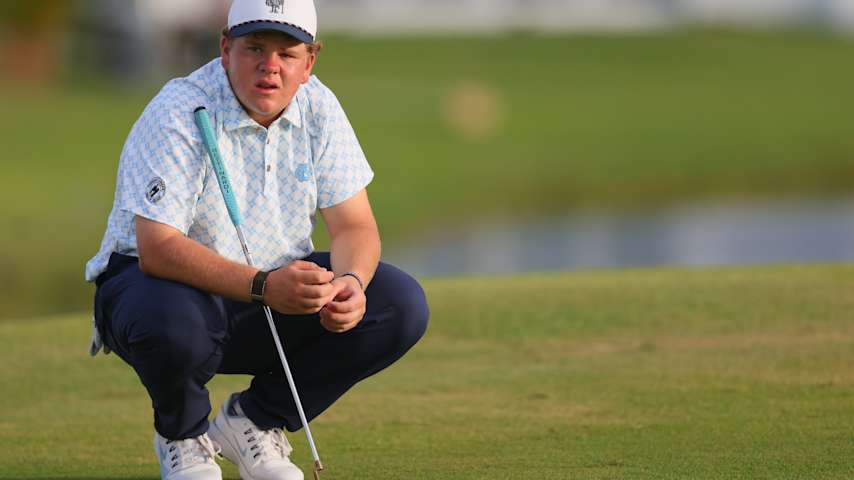 Amateur Carson Bertagnole of the United States lines up a putt on the 18th green during the second round of the Puerto Rico Open 2026 at Grand Reserve Golf Club on March 06, 2026 in Rio Grande, Puerto Rico. (Justin Edmonds/Getty Images)