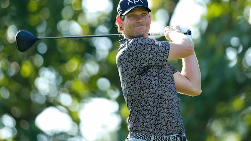 Adam Schenk of the United States hits a tee shot on the sixth hole during the second round of the Biltmore Championship Asheville 2026 at The Cliffs at Walnut Cove on September 18, 2026 in Arden, North Carolina. (Alex Slitz/Getty Images)