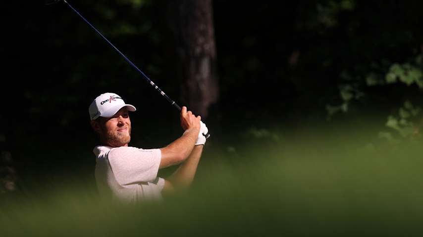 Adam Svensson of Canada plays his shot from the second tee during the second round of the Wyndham Championship 2026 at Sedgefield Country Club on August 07, 2026 in Greensboro, North Carolina. (David Jensen/Getty Images)
