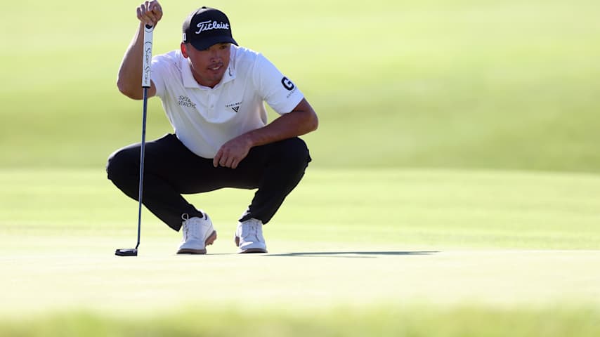 A.J. Ewart of Canada lines up a putt on the 18th green during the final round of the Bank of Utah Championship 2026 at Black Desert Resort on October 04, 2026 in Ivins, Utah. (Sean M. Haffey/Getty Images)