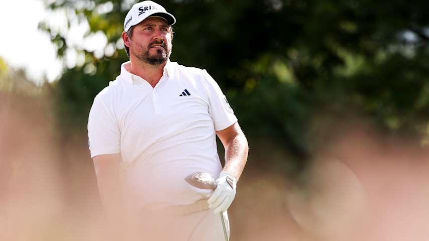 Andrew Novak of the United States watches a tee shot on the 18th hole during the second round of the Biltmore Championship Asheville 2026 at The Cliffs at Walnut Cove on September 18, 2026 in Arden, North Carolina. (David Jensen/Getty Images)