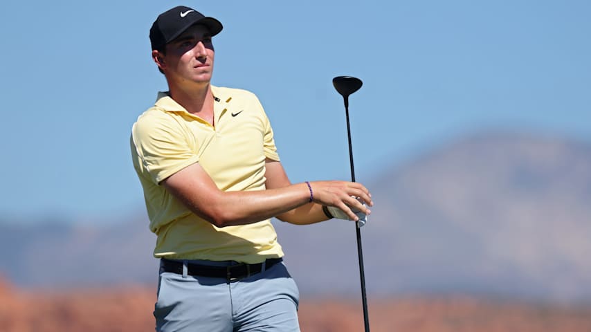 Ben James of the United States plays his shot from the fourth tee during the final round of the Bank of Utah Championship 2026 at Black Desert Resort on October 04, 2026 in Ivins, Utah. (Sean M. Haffey/Getty Images)