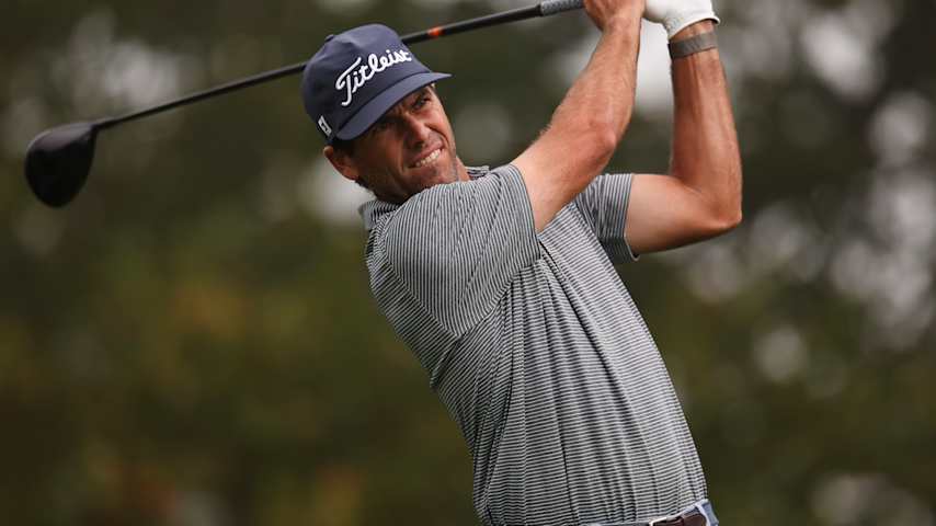 Ben Martin of the United States hits a tee shot on the 10th hole during the final round of the Biltmore Championship Asheville 2026 at The Cliffs at Walnut Cove on September 20, 2026 in Arden, North Carolina. (David Jensen/Getty Images)